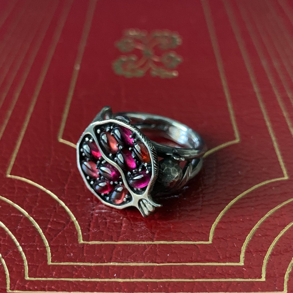 Garnet Pomegranate Sterling Silver Ring -  Size 6 US